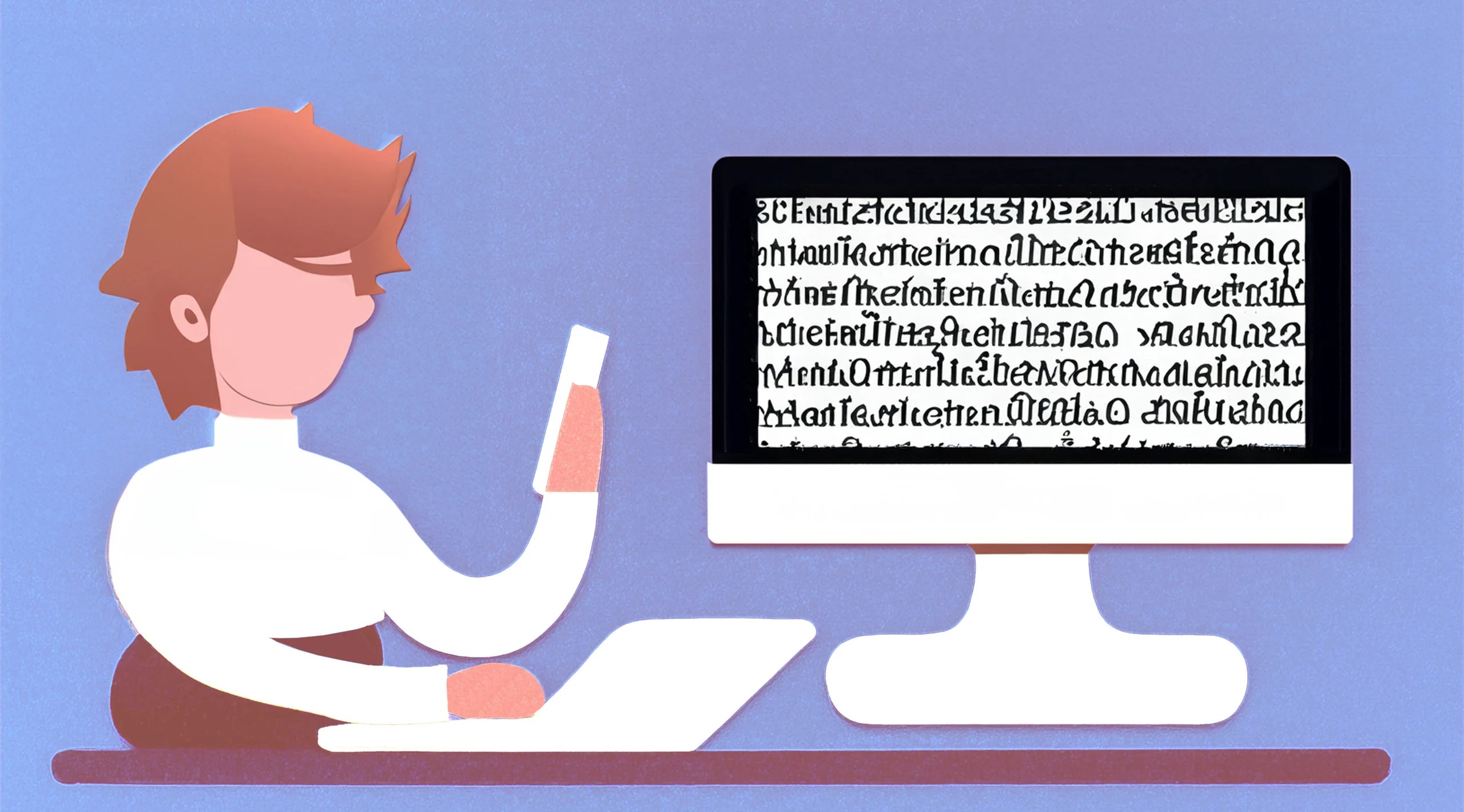 En person har en bærbar pc foran seg og en mobiltelefon i hånda. Ved siden av står en stor skjerm med uleselig tekst. KI-illustrasjon.
