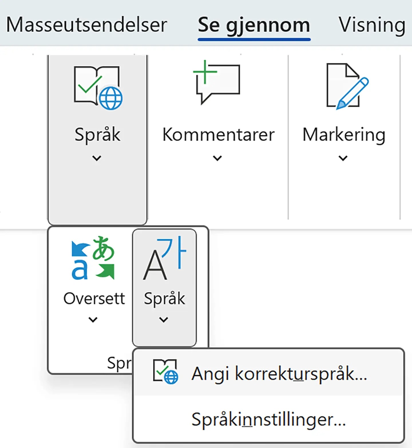 Se gjennom-menyen i Word åpnet på Språk og valget Angi korrekturspråk. Skjermutklipp.